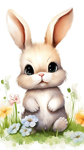 잔디밭에 꽃을 꽂은 아주 귀여운 토끼나 토끼를 그린 그림 수채화