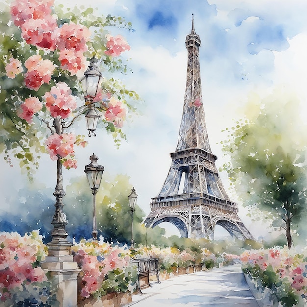 Photo illustration watercolor eiffel tower with florals