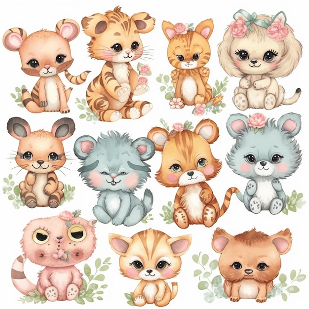 illustration watercolor hand drawn cute baby animal sticker