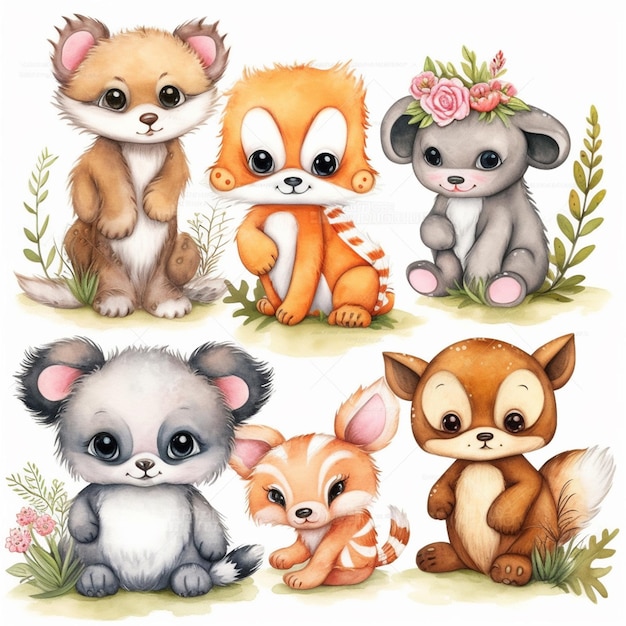 Premium Photo | Illustration watercolor hand drawn cute baby animal sticker