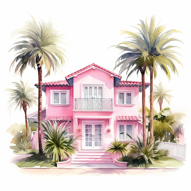 иллюстрация акварельного рисунка розового дома на заднем плане