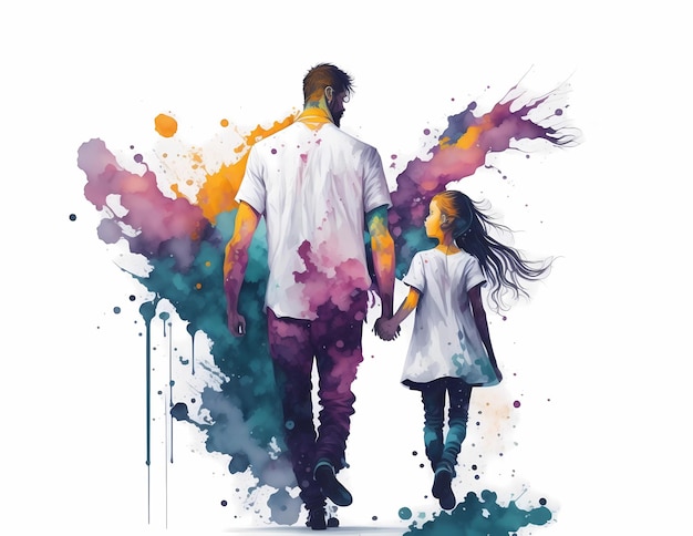 Illustration of a watercolor painting of a father and his daughter walking together Father's day