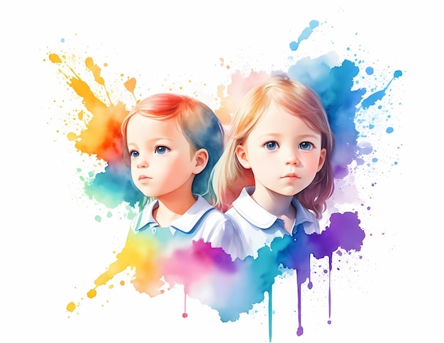 Illustration of a watercolor painting of two cute children's faces Children's day greeting card