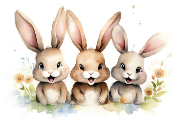 Illustration of watercolor rabbits on a white background