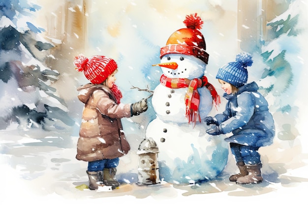 Illustration watercolor scene of a cute and lovely girls building a snowman on a snowy day in the winter next to the Christmas tree