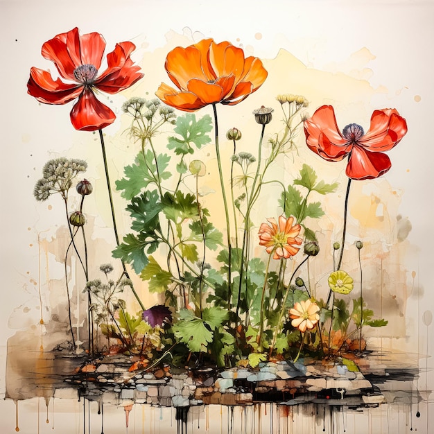 Illustration in watercolor showcasing vibrant wildflowers in a natural setting