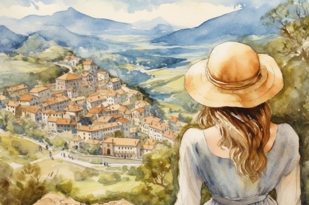 Illustrazione in stile acquerello bella ragazza in abito e cappello che guarda dall'alto in basso il bellissimo paesaggio del villaggio dalla collina visto da dietro viaggia e rilassati ia generativa