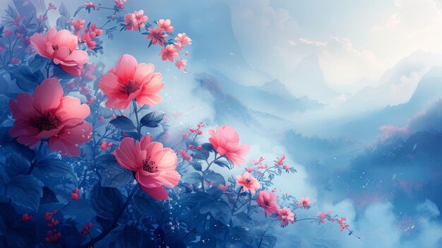 An Illustration of Watercolor Style Flowers Leaves Florals Feathers The illustration of a realistic fantastic cartoon style artwork scene is suitable for wallpaper story backgrounds greeting