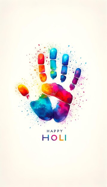 Illustration in watercolor style of a handprint made up of a colorful powders for holi