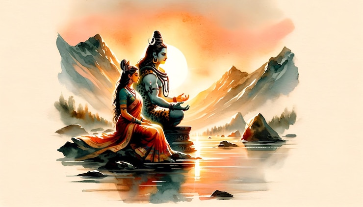 Photo illustration in watercolor style for hariyali teej with lord shiva and parvati