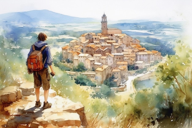 Illustrazione in stile acquerello ragazzo in viaggio con backpage che guarda dall'alto verso il basso la bellissima città dalla collina visto da dietro ia generativa