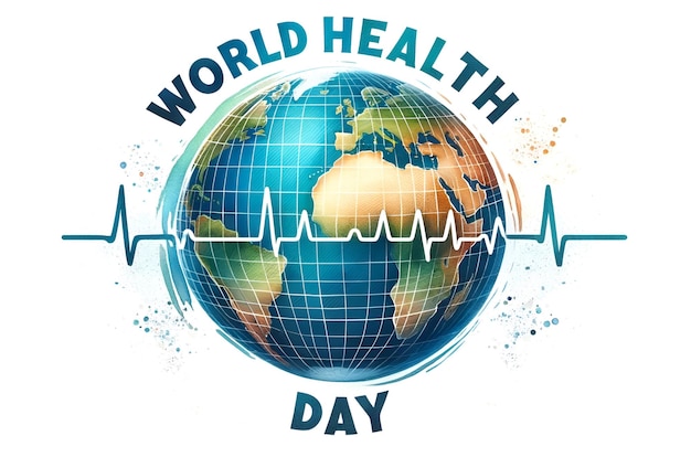 Photo illustration in watercolor style for world health day with a globe and heart rate pulse line