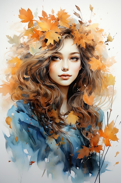 그림 수채화 평면도 아름다운 젊은 여성이 니트를 입고 가을 잎을 입고 있습니다.
