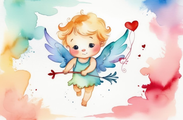 Foto illustrazione acquerello di biglietto di auguri bianco carino divertente bambino cupido angelo con capelli ricci dorati