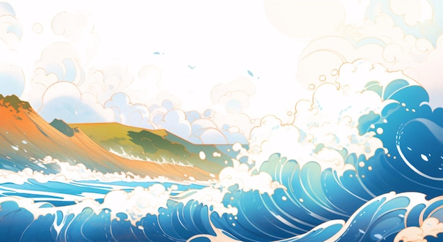 Иллюстрация волн на берегу моря летом Китайский материал ветра и волн