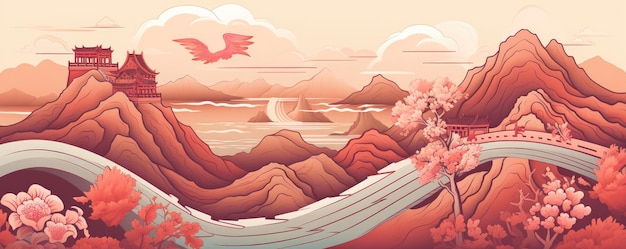 Иллюстрация для целевой страницы сайта в пастельных тонах Китайский пейзаж природа Генеративный Ai