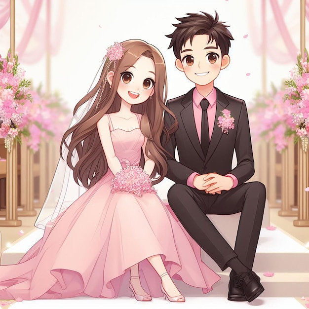 illustration of a wedding couple in pink costumes