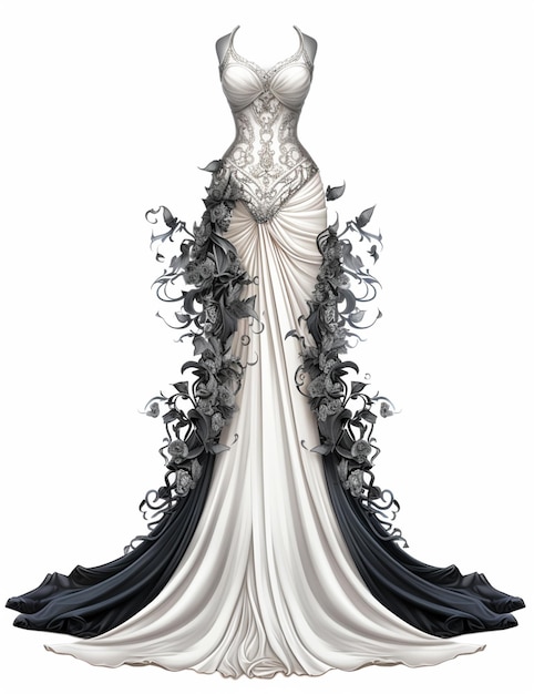 illustration of a wedding dress with a train and a train of flowers generative ai