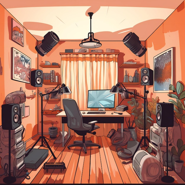 An illustration of a wellequipped podcast studio complete with soundproofing mixing boards and recording equipment