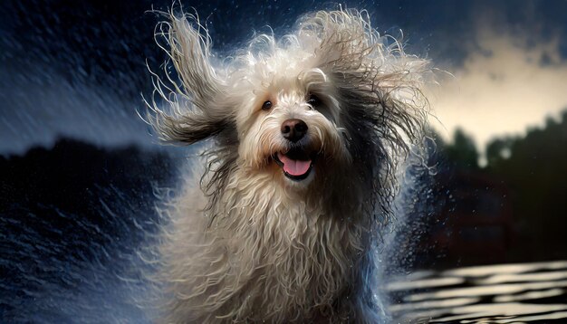 Illustration of a wet fluffy dog in the river