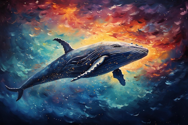 Illustration whale floating psychedelic brush stroked bright blue orange purple universe background