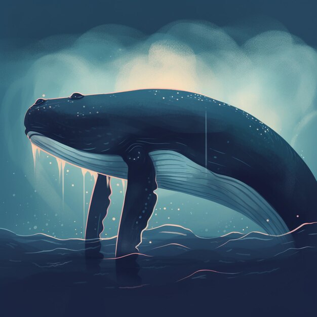 Foto illustrazione di una balena nell'oceano con un'ai generativa sullo sfondo del cielo