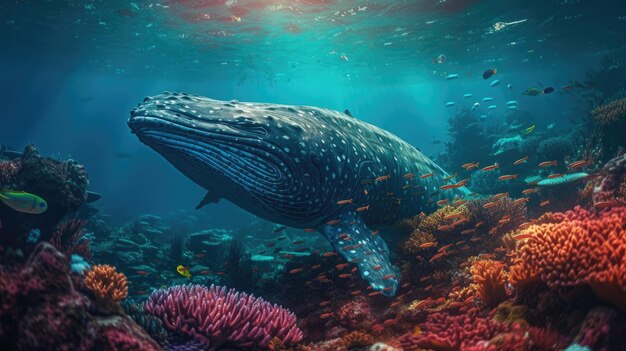 Photo illustration of a whale on the surface of the sea 3d realistic