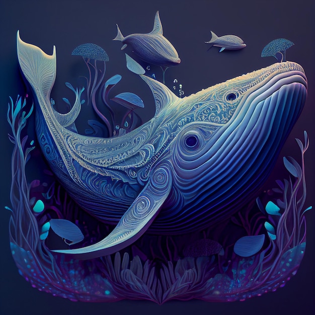 Illustration of a whales head and tail fin generative ai