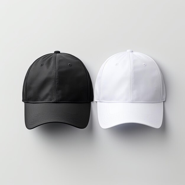 illustration of White and black baseball caps mockup on a grey backg