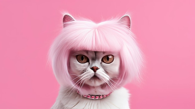 Illustration of a white cat wearing a pink wig against a vibrant pink background