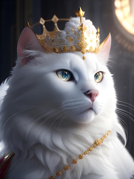 illustration of white cat wears king luxury royal mantle and a crown