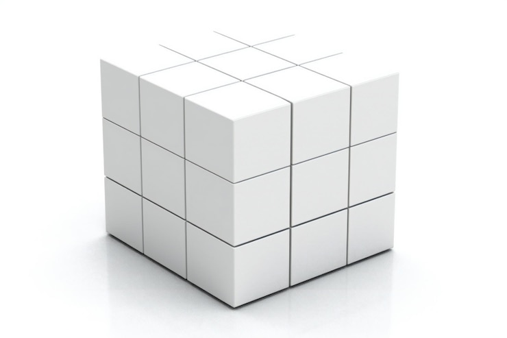 Photo illustration of a white cube isolated on a white background