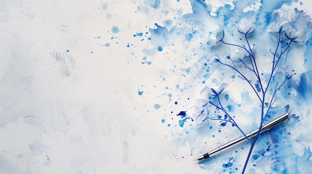테이블 위에 있는  꽃의 일러스트레이션과 그 위에 파란색 페인트의 스프레이치와 펜의 봄 개념