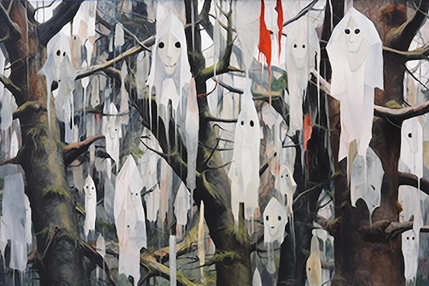 Illustration of white ghosts hanging on a tree in a forest