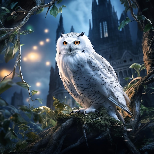 illustration of white harfang owl on tree background