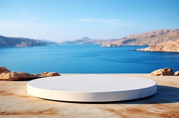 An illustration of a white marble podium against a backdrop of a serene sea view