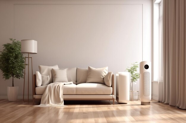 Illustration of a white modern design air purifier dehumidifier in beige Generative Ai