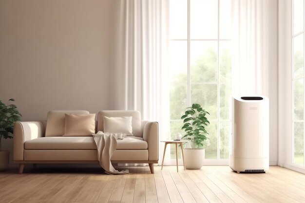 Illustration of a white modern design air purifier dehumidifier in beige Generative Ai