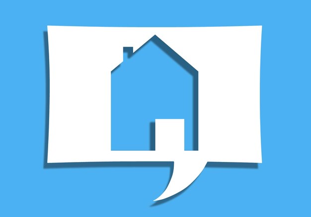 Illustration of a white paper speech bubble with house sign on it isolated on blue background