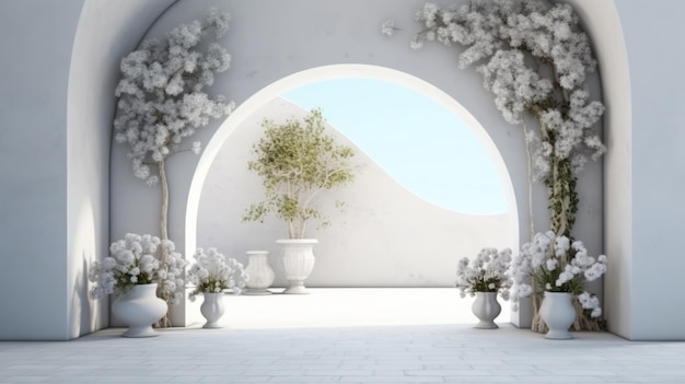 Illustration of a white room filled with beautiful flower arrangements in vases