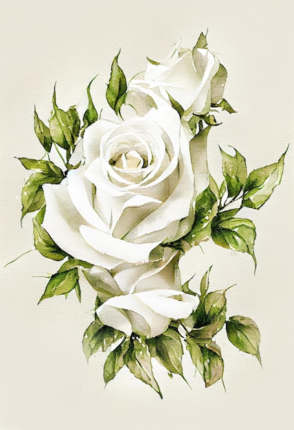 Illustration of White Rose in Watercolor Painting Style