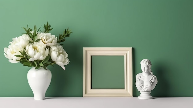 Иллюстрация белой вазы с белыми цветами рядом с рамкой для картин