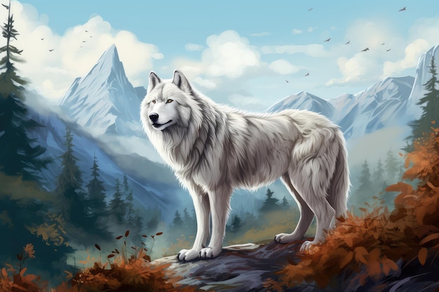 화창한 날 산속에 있는 흰 늑대의 그림