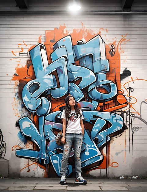 Photo illustration of white woman in front of a graffiti wall