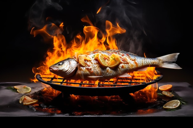Illustration of whole fish of carp in levitation frying over flame grill on black background