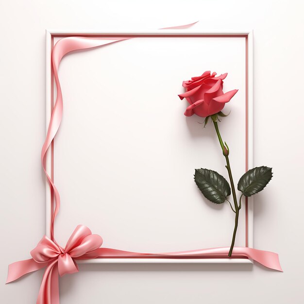 illustration of wide frame side one rose in hand with ribbon on whit