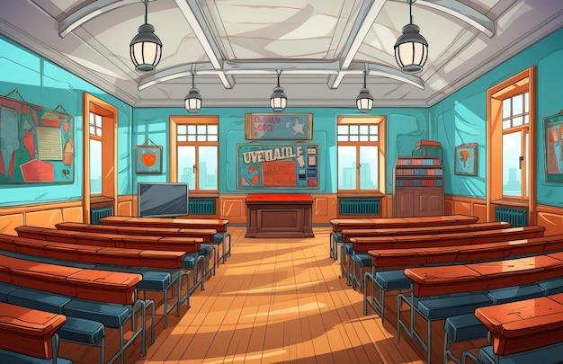 Illustration of a wide shot of a classroom in a school