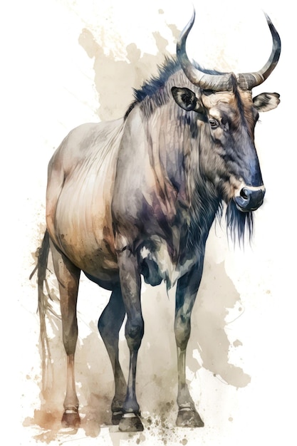 Illustration wildebeest in watercolor animal on a white background generative ai
