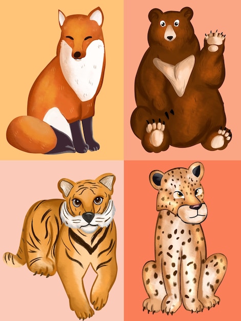 Foto illustrazione di animali selvatici tigre volpe orso e ghepardo fatta con lo stile artistico del disegno strutturato