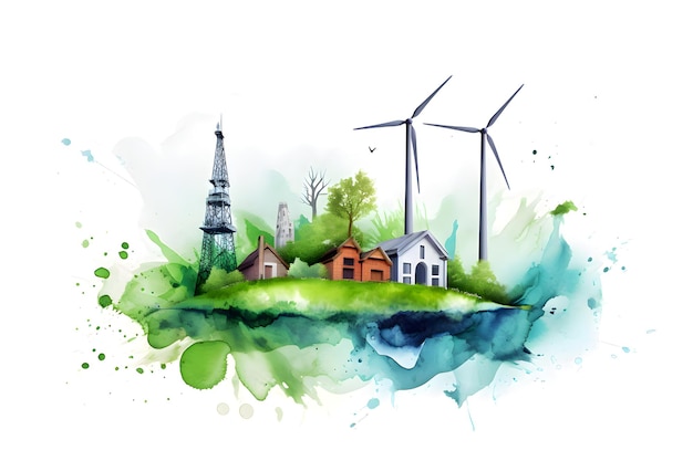 Illustration of wind turbines green energy for the city white background Generative AI 1